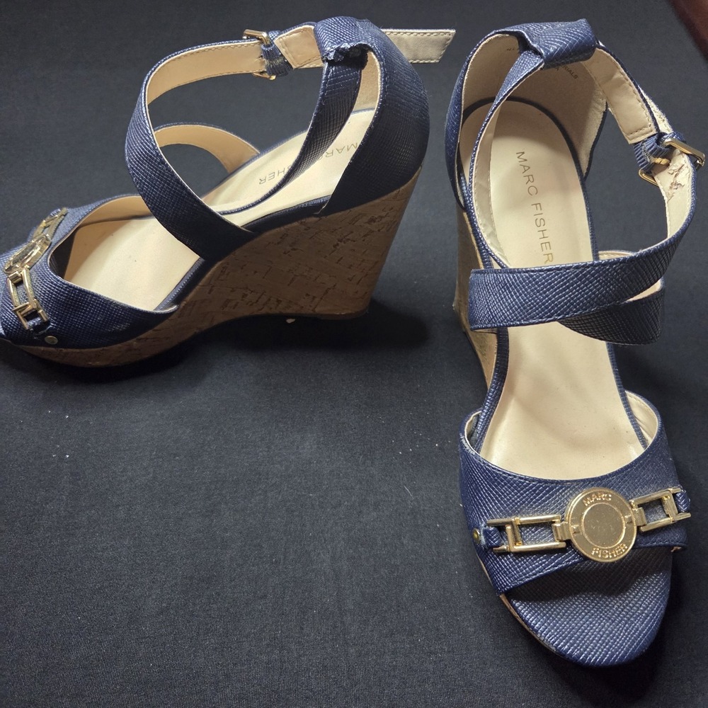 Marc Fisher Women's High Wedge Brantor-R Navy Sandals Size 8